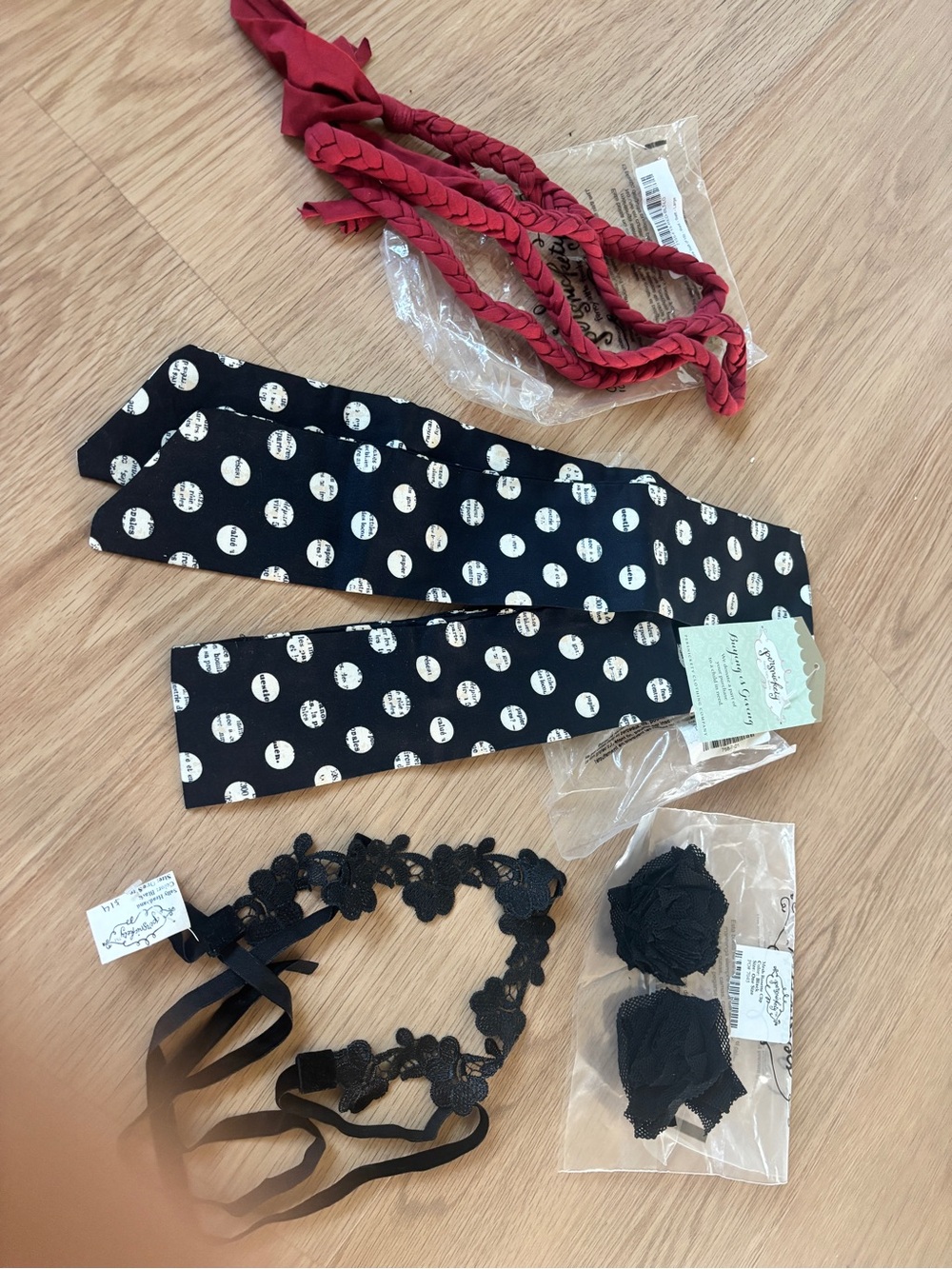 Persnickety Black Polka Dot Hair Scarf with Red Braided Headband clips 5 piece